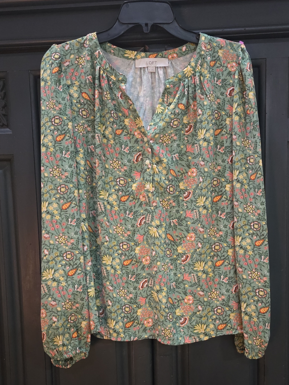 LOFT Olive Green Floral Henley Blouse with Long Sleeves Loose Medium